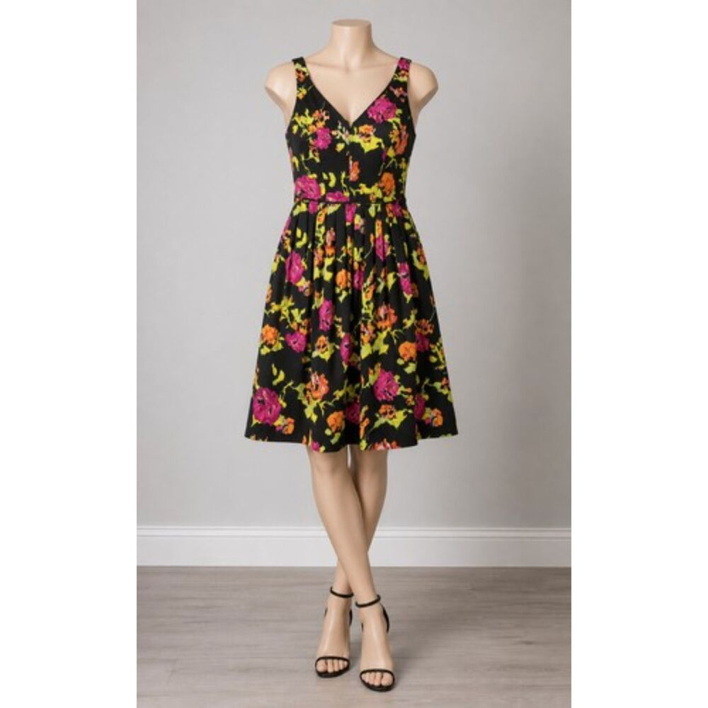 Kay Unger New York Watercolor Floral Pleated Fit Flare Dress with Pockets Size 4